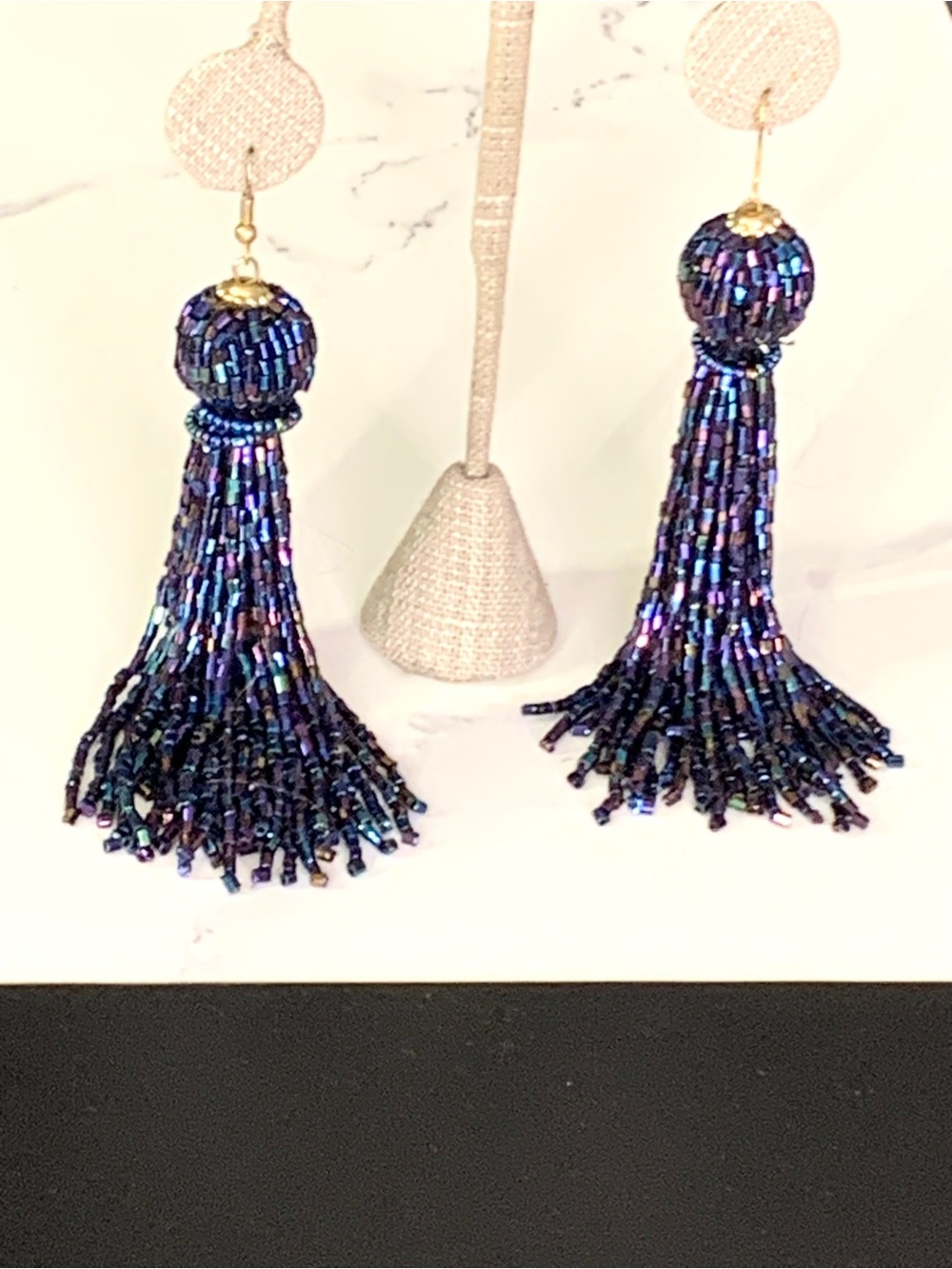 Glass Seed Beads Tassels Long Drop Earrings / Navy Blue